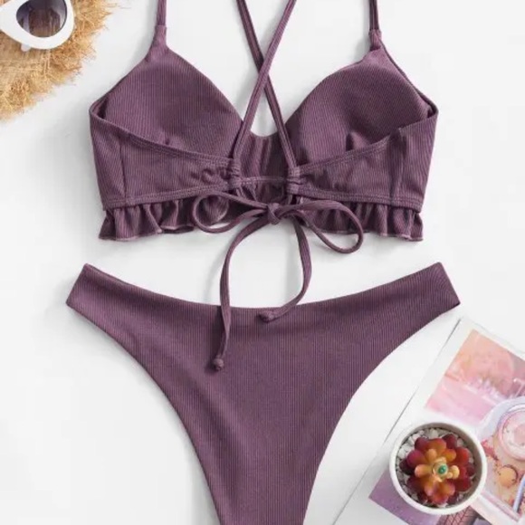 ZAFUL Ruffled Crisscross Ribbed Bikini Swimsuit - Dull Purple S - Picture 4 of 7